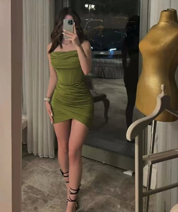 Luolandi Green Strapless Sheath Mini Party Dress Homecoming Dress Off Shoulder Formal Dress